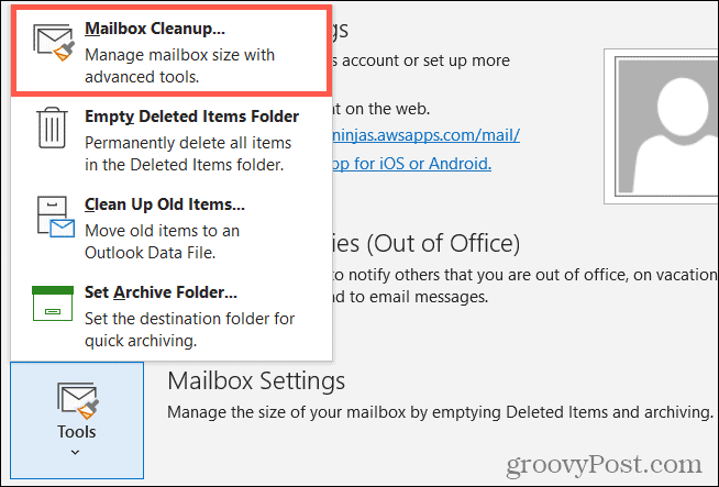 Værktøjer, postkasseoprydning i Outlook