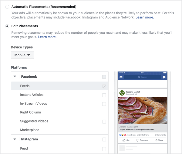 Vælg placeringer til en Facebook-engagementannonce.