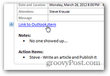 Klik på Link tilbage til Outlook-kalenderelement