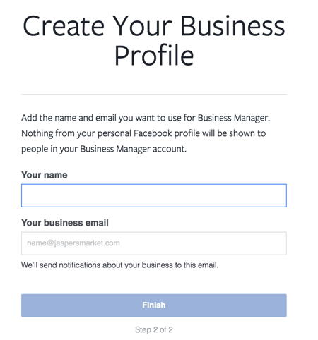 Indtast dit navn og din arbejds-e-mail for at afslutte opsætningen af ​​din Facebook Business Manager-konto.
