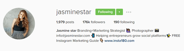 Jasmine Star's Instagram-profil bio viser hendes værdi.