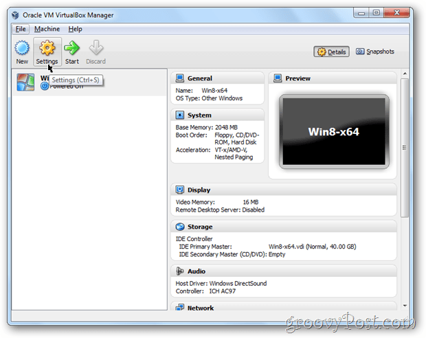 VirtualBox-indstillinger konfigurerer windows 8