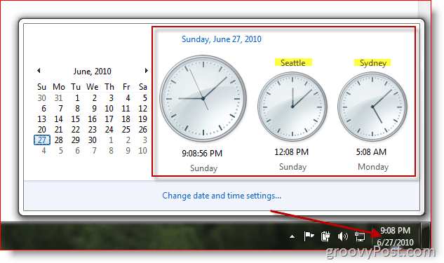 Microsoft Windows 7, der viser yderligere ure i forskellige tidszoner
